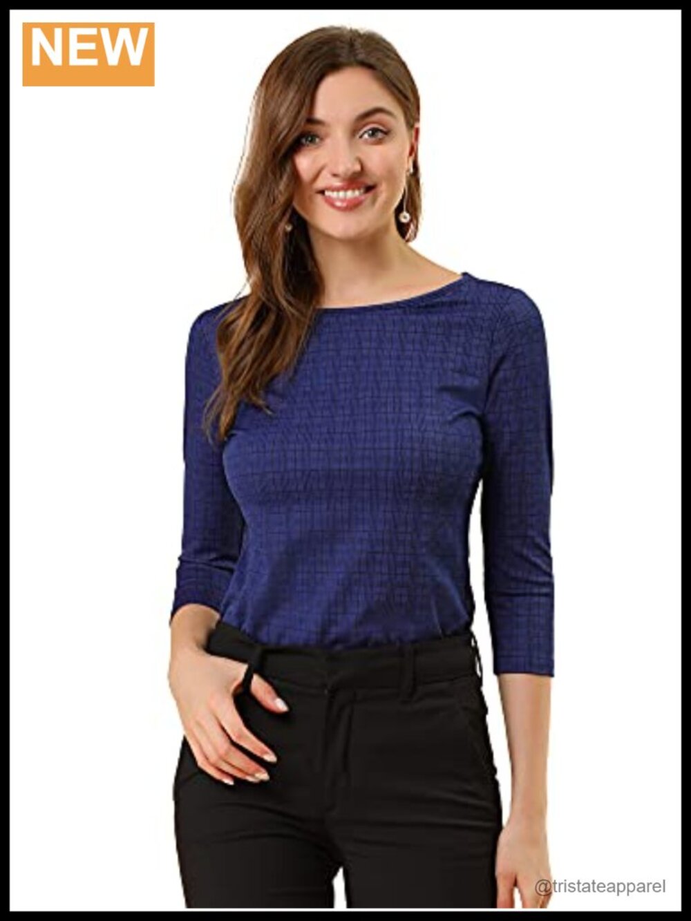 Allegra K Women's Check Boat Neck Blouse 3/4 Sleeve Plaid Houndstooth Work Top